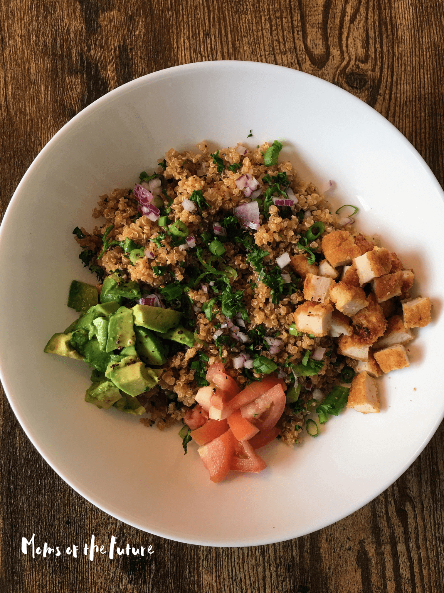 Buddha Bowl with Quinoa, Avocado, Tomato Salad and Chicken